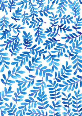 Mavi ve mor tropikal eğreltiotu suluboya el boyası arka plan.