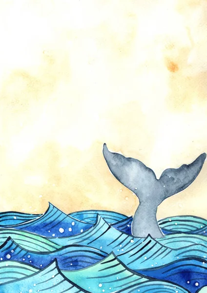 Walschwanz Ozean Welle Aquarell Handmalerei Hintergrund — Stockfoto