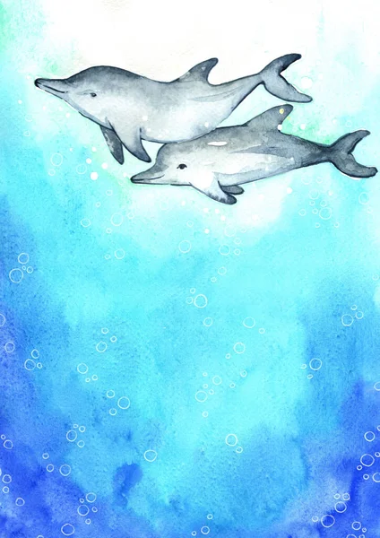 Dolphin Swimming Sea Watercolor Handpainting Background — Stock Photo, Image