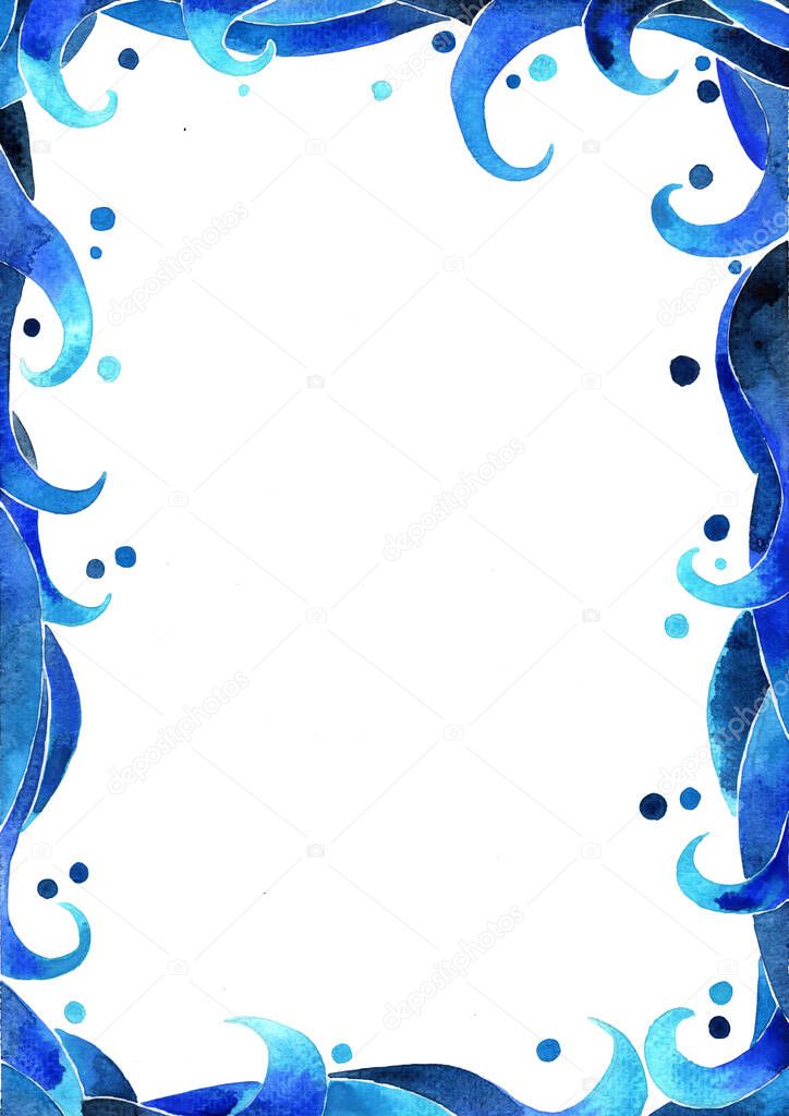 Blue marine color ocean wave style border watercolor hand painting for decoration on Asia artwork theme design.