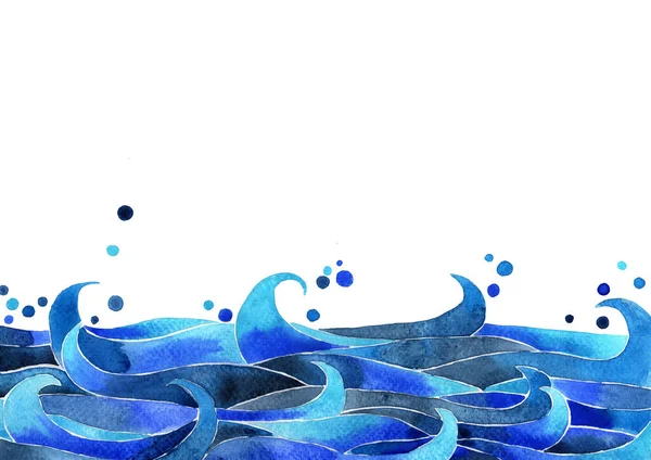 Blue Marine Color Ocean Wave Style Border Watercolor Hand Painting — Stock Photo, Image