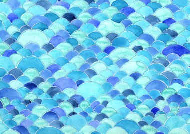 Mavi okyanus dalgası ve balık suluboya el boyasının ölçeği yaz tatilinde dekorasyon için çerçeve arka planı.