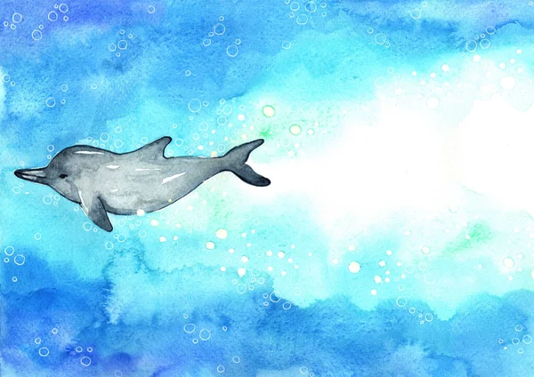 Dolphin Swimming Sea Watercolor Handpainting Background — Stock Photo, Image