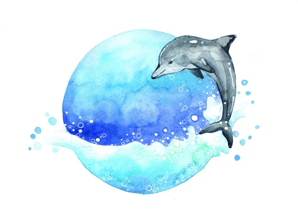 Dolphin Jumping Fundo Aquarela Handpainting Mar — Fotografia de Stock