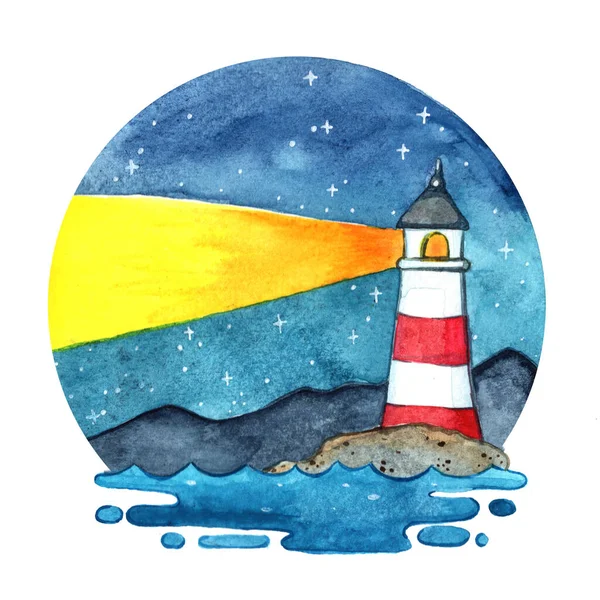 海滨岩石上的灯塔夜间环旗 装饰沿海生活方式 — 图库照片