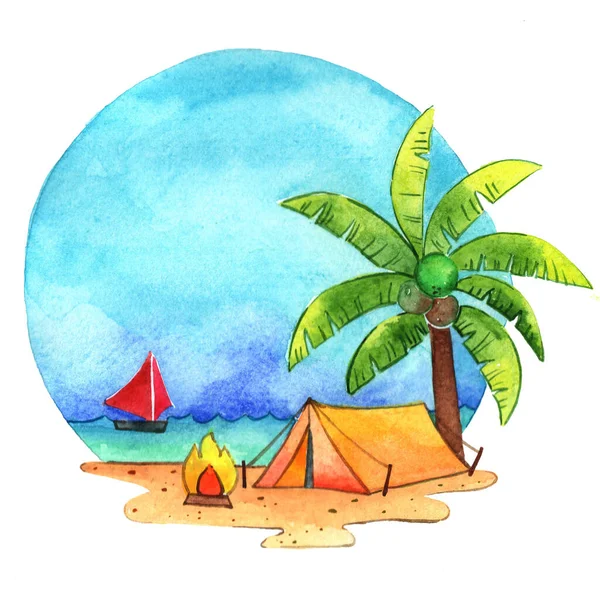 Camping Accanto Alla Spiaggia Cerchio Banner Acquerello Pittura Mano Decorazione — Foto Stock