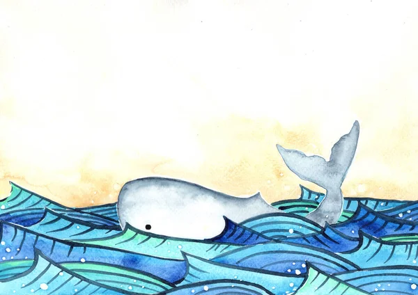 Velryba Plavání Oceánu Vlna Akvarel Ruční Malování Pozadí — Stock fotografie