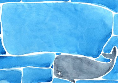 Kopya uzay suluboya el boyası arka plan ile denizin altında yüzen soyut balina.