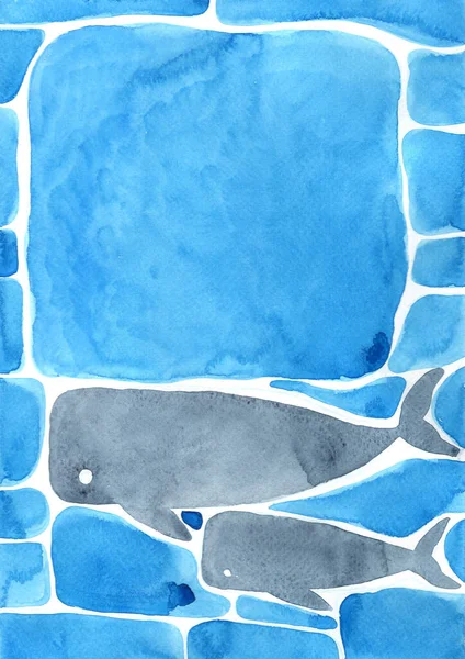 Abstrakte Wale Schwimmen Unter Dem Meer Mit Kopie Raum Aquarell — Stockfoto