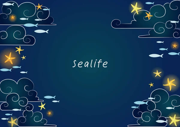 Seestern Nachthimmel Und Fischschwärme Mit Wolkenvektorrand Zur Dekoration Sommerurlaub — Stockvektor