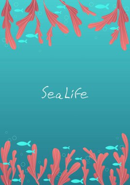 Yaz tatili ve plaj temalı dekorasyon için deniz çerçevesi vektör arka planında balık sürüsü olan pembe deniz yosunu..