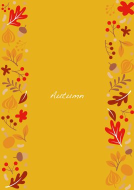 Düz meşe yaprakları, çiçek, eğreltiotu, fındık ve çilek çerçeve vektörü, sonbahar sezonu festivali ve Şükran Günü dekorasyonu için sarı arka planda..