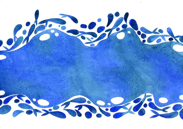 Escuela Abstracta Peces Nadando Azul Marino Marco Acuarela Mano Pintura — Foto de Stock