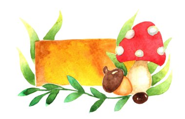 Mantar, meşe palamudu, çimen ve eğreltiotu. Ahşap kahverengi dikdörtgen. Sonbahar ve bahar mevsimlerinde süsleme için alanı kopyala..