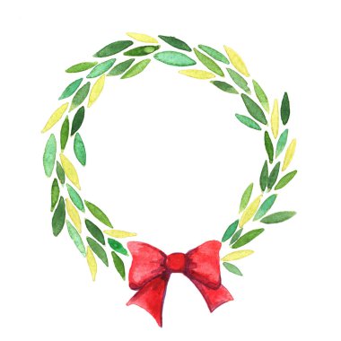 Soyut yeşil yaprak çelengi kırmızı kurdeleli suluboya el boyası Noel etkinliklerinde süsleme için.