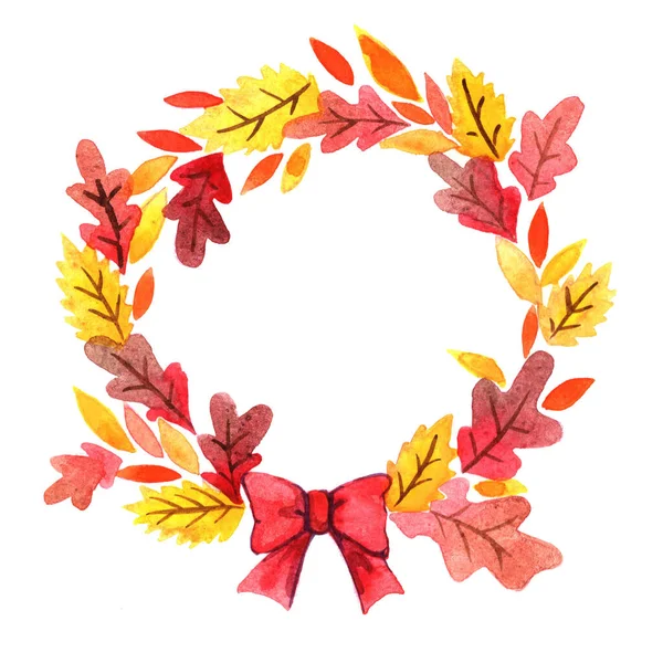Colorful Autumn Leaves Red Bow Ribbon Wreath Decoration Thanksgiving Festival — Stock Photo, Image
