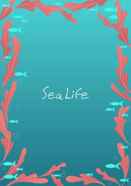 Yaz tatili ve plaj temalı dekorasyon için deniz çerçevesi vektör arka planında balık sürüsü olan pembe deniz yosunu..