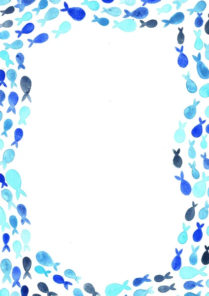Abstrakte Blaue Schule Der Fische Welle Aquarell Hand Malrahmen Hintergrund — Stockfoto