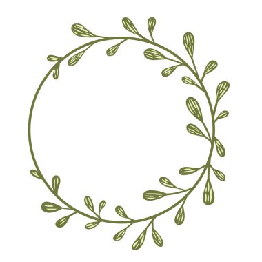 Doğa ve organik yaşam tarzı üzerine dekorasyon için soyut yeşil yapraklı çelenk çizimi.