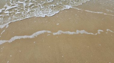 Deniz suyu dalgası ve deniz kabuğu arkaplanlı kumsal yaz tatili ve kıyı konsepti dekorasyonu için.