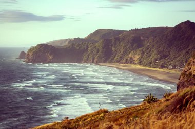 Rüzgarlı bir günde komşu tepeden Kuzey Piha plajı manzarası 