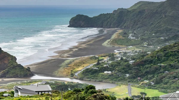 Vue Aérienne Plage Piha Avec Dunes Sable Maisons Village Piha — Photo