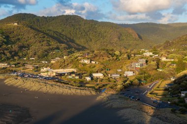 Kum tepeleri ve Piha köyü evleri olan Piha sahilinin havadan görünüşü.