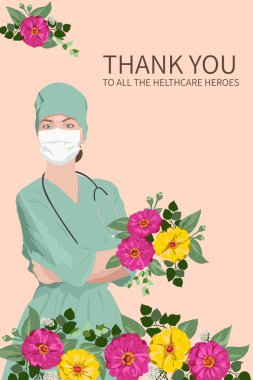 Çiçekli kadın doktor. Hastanede çalışan ve koronavirüsle savaşan doktor ve hemşirelere teşekkürler. Afişler, kartpostallar, posterler için kavram.