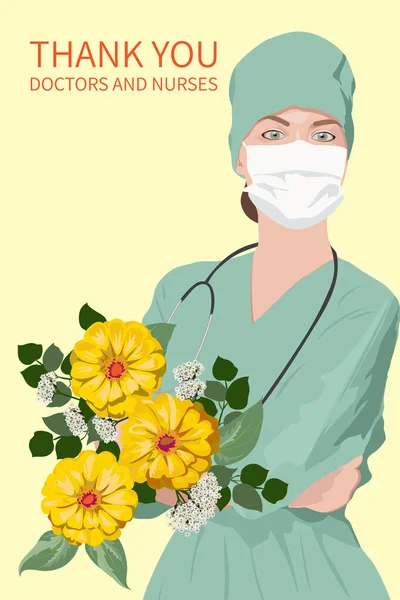 Çiçekli kadın doktor. Hastanede çalışan ve koronavirüsle savaşan doktor ve hemşirelere teşekkürler. Afişler, kartpostallar, posterler için kavram.