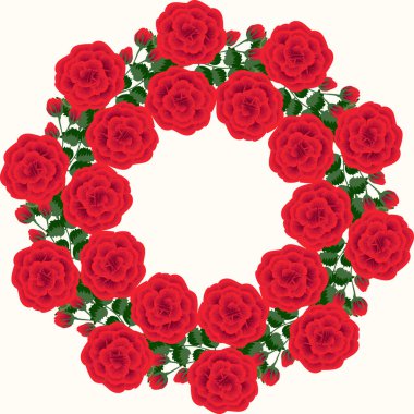 Antika güllerin çiçekli yuvarlak çerçevesi. Vektör tebrik kartı şablonu. Pejmürde hatun. Poster, tişört, yastık, ev dekorasyonu için tasarım. Yeşil yapraklı yaz çiçekleri.