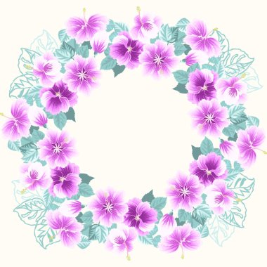 Kırmızı çiçekli tropikal çelenkler ve taze yapraklar. Çiçeksel egzotik bir geçmişi var. Yuvarlak çerçeve. Vektör tebrik kartı şablonu. Poster, tişört, yastık, ev dekorasyonu için tasarım.. 