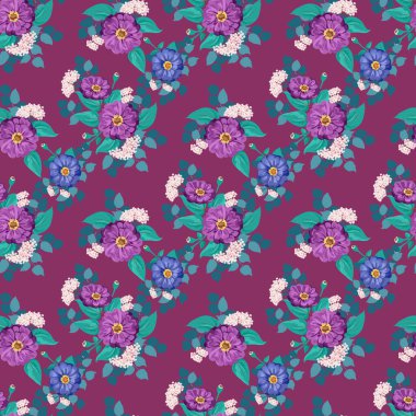 Küçük bahçe çiçekleri içinde kusursuz parlak desenler. Millefleur. Tekstil, duvar kağıdı, kapaklar, yüzey, baskı, hediye paketi, hatıra defteri, dekupaj