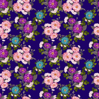 Küçük bahçe çiçekleri içinde kusursuz parlak desenler. Millefleur. Tekstil, duvar kağıdı, kapaklar, yüzey, baskı, hediye paketi, hatıra defteri, dekupaj