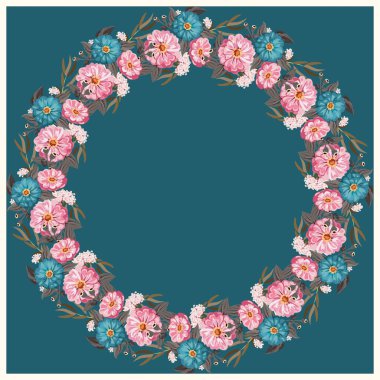 Şirin çinnia çiçeklerinden, gümüş okaliptüs dalından, söğüt ağacından çiçek desenli yuvarlak bir çerçeve. Tebrik kartı şablonu. Poster, tişört, yastık, ev dekorasyonu için tasarım. Yeşil yapraklı yaz çiçekleri.