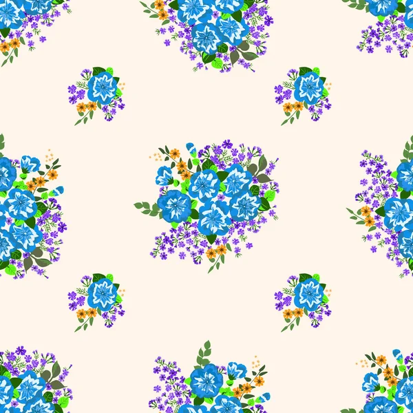 可愛いペチュニアの小さな花と楽しいシームレスな境界線 規則的な命令だ 家庭用織物 インテリア リネンの花の背景 — ストックベクタ