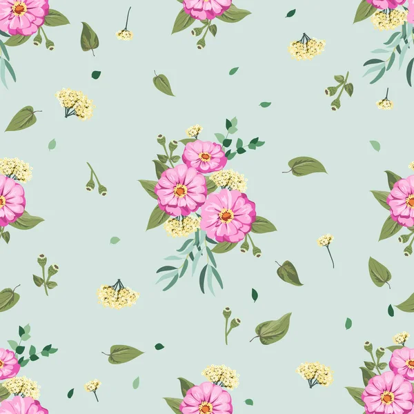 ジンニアの小さな庭の花でシームレスで豪華な明るいパターン ミルフルールだ テキスタイル カバー ギフトラップ スクラップブッキング デカッページのための花の背景 — ストックベクタ