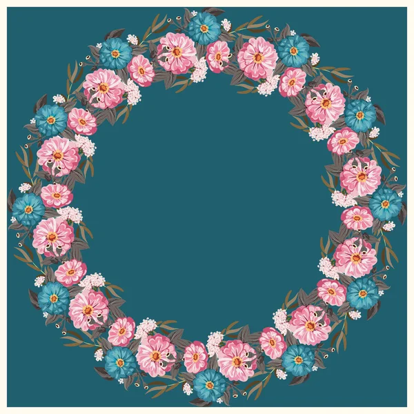 Floral Στρογγυλό Πλαίσιο Από Χαριτωμένα Λουλούδια Zinnia Ασημένιο Κλάδο Ευκαλύπτου — Διανυσματικό Αρχείο