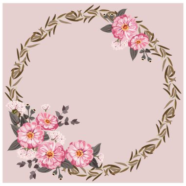 Şirin çinnia çiçeklerinden, gümüş okaliptüs dalından, söğüt ağacından çiçek desenli yuvarlak bir çerçeve. Tebrik kartı şablonu. Poster, tişört, yastık, ev dekorasyonu için tasarım. Yeşil yapraklı yaz çiçekleri.