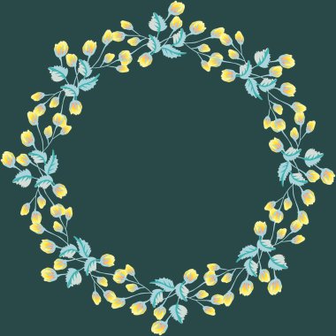 Antika güllerin çiçekli yuvarlak çerçevesi. Vektör tebrik kartı şablonu. Pejmürde hatun. Poster, tişört, yastık, ev dekorasyonu için tasarım. Yeşil yapraklı yaz çiçekleri.