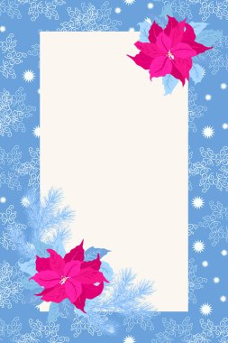 Noktalı çiçekli davetiye kartı, Noel ağacı dalları, otlar. Kış dönemi. Tebrik kartı şablonu. Poster için tasarım, düğün davetiyesi. Metin için yer.