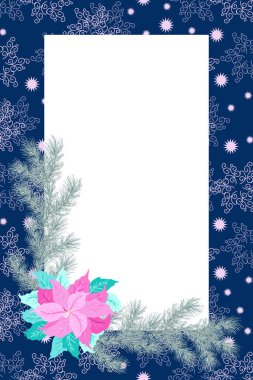 Noktalı çiçekli davetiye kartı, Noel ağacı dalları, otlar. Kış dönemi. Tebrik kartı şablonu. Poster için tasarım, düğün davetiyesi. Metin için yer.