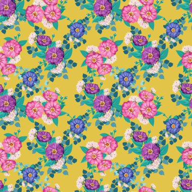 Küçük bahçe çiçekleri içinde kusursuz parlak desenler. Millefleur. Tekstil, duvar kağıdı, kapaklar, yüzey, baskı, hediye paketi, hatıra defteri, dekupaj