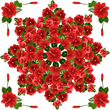 Amfibik tropikal çiçeklerdeki kompozisyon. Eşarp izi, tekstil, kapak, yüzey, hatıra defteri ve dekupaj için ilginç bir arka plan. Bandana, pareo tasarımı.