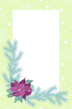 Noktalı çiçekli davetiye kartı, Noel ağacı dalları, otlar. Kış dönemi. Tebrik kartı şablonu. Poster için tasarım, düğün davetiyesi. Metin için yer.