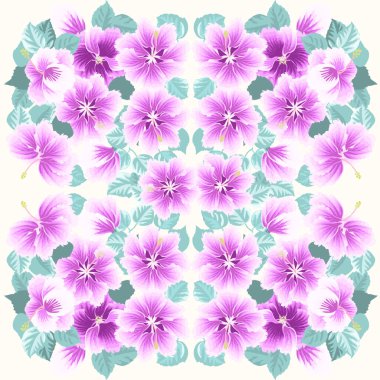 Amfibik tropikal çiçeklerdeki kompozisyon. Eşarp izi, tekstil, kapak, yüzey, hatıra defteri ve dekupaj için ilginç bir arka plan. Bandana, pareo tasarımı.