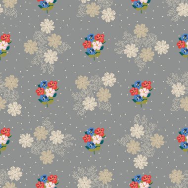 Küçük çiçeklerdeki eski besin torbası desenleri. Millefleur 'lar. Tekstil, pamuk kumaş, kapaklar, duvar kağıtları, baskı, hediye paketi ve yapıştırma kitabı için çiçeksiz arkaplan.