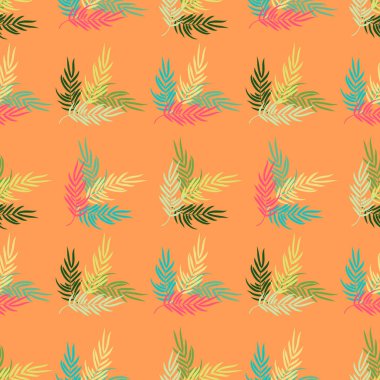 Soyut renkli parlak palmiye yapraklarında kusursuz desen. Tekstil, duvar kâğıdı, kapaklar, yüzey, baskı, paket, hatıra defteri, dekupaj için egzotik arkaplan.