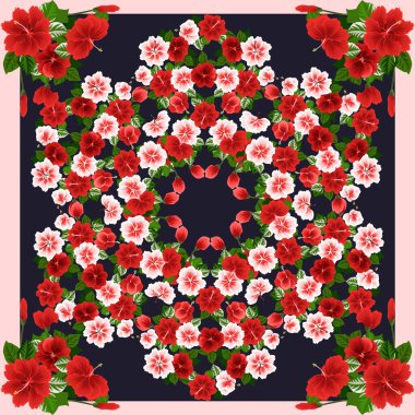 Amfibik tropikal çiçeklerdeki kompozisyon. Eşarp izi, tekstil, kapak, yüzey, hatıra defteri ve dekupaj için ilginç bir arka plan. Bandana, pareo tasarımı.