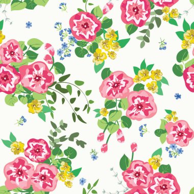 Küçük parlak çiçekleri olan hoş, pürüzsüz bir desen. Düzenli olarak. Ev yapımı tekstil, iç mekan, çarşaf için basit arkaplan.