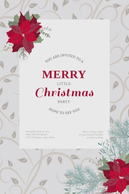 Noktalı çiçekli davetiye kartı, Noel ağacı dalları, otlar. Kış dönemi. Tebrik kartı şablonu. Poster için tasarım, düğün davetiyesi. Metin için yer.